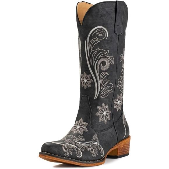 Women's Cowgirl Boots Mid Calf Embroidered Pull-On Tabs Snip Toe Boot - Picture 1 of 5